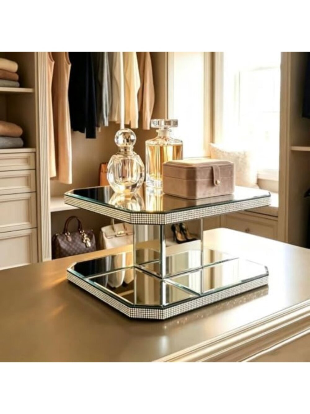 Two-Tier Mirrored Display Riser with Rhinestone Trim - Decorative Glass Stand - Picture 7 of 7